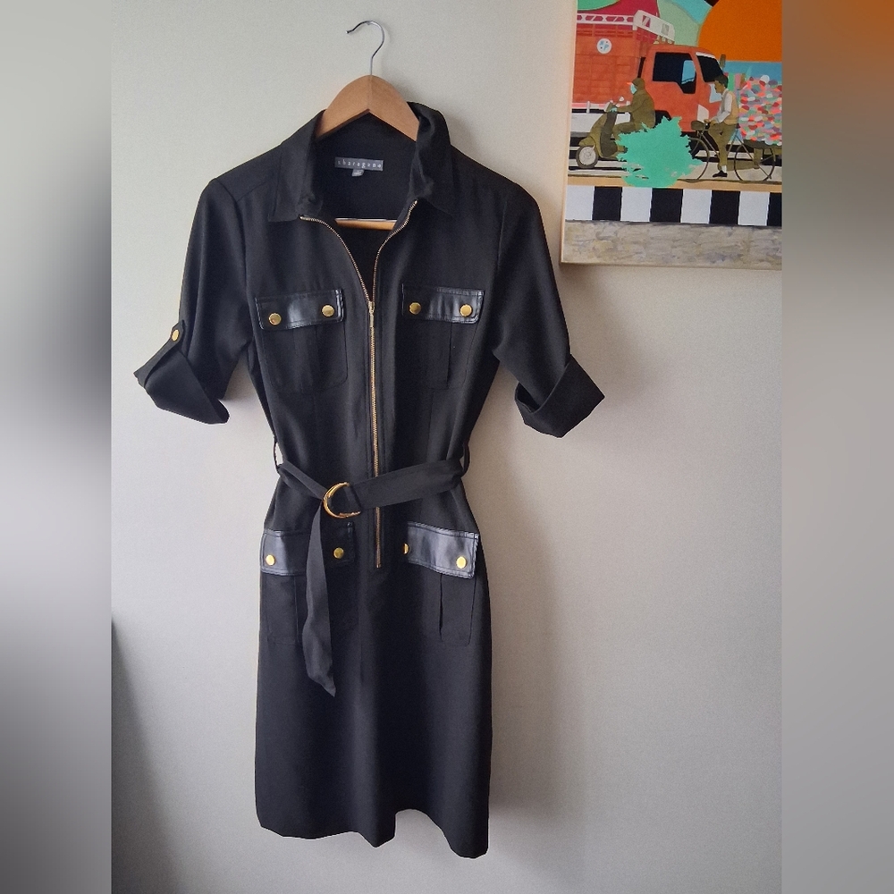 Black Zip-Up Belted Dress, Size 6, Sharagano